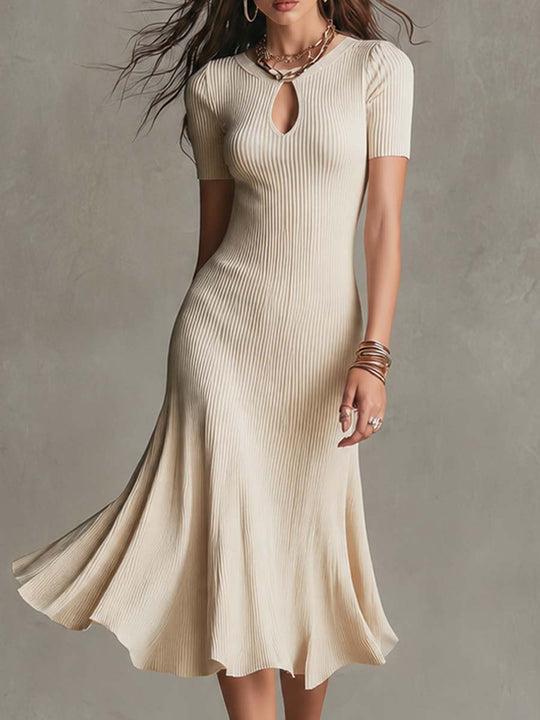 Elegant Keyhole Neck Short Sleeve Off‑White Vertical Ribbed Knit Flared Midi Dress