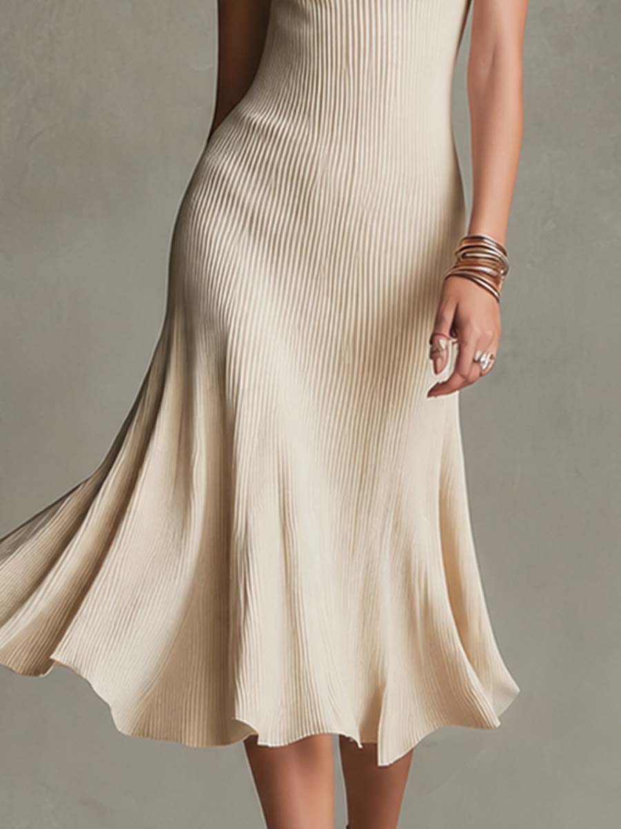 Elegant Keyhole Neck Short Sleeve Off‑White Vertical Ribbed Knit Flared Midi Dress