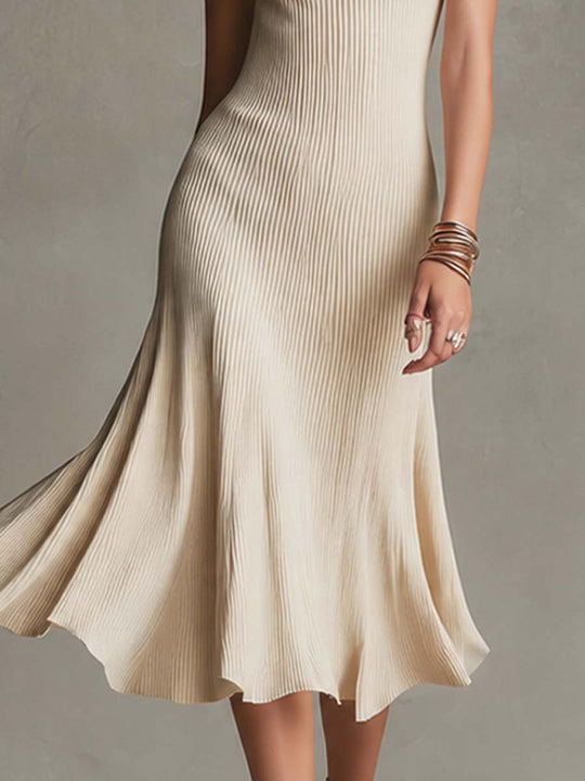 Elegant Keyhole Neck Short Sleeve Off‑White Vertical Ribbed Knit Flared Midi Dress