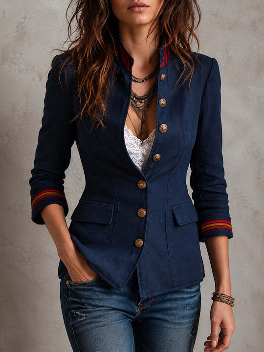 Retro Contrast Striped Cuffs Flap Pockets Blazer