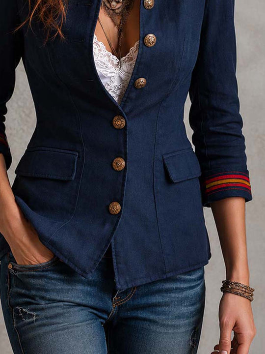 Retro Contrast Striped Cuffs Flap Pockets Blazer