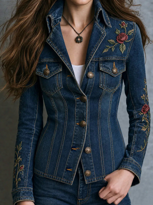 Western Rose Embroidered Dark Wash Denim Jacket