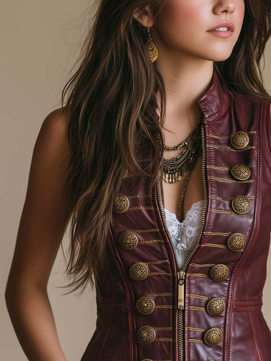 Vintage Military-style Buttons Faux Leather Vest