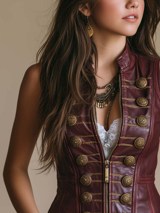 Vintage Military-style Buttons Faux Leather Vest