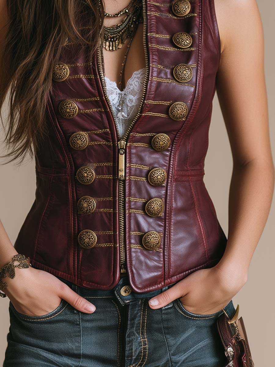 Vintage Military-style Buttons Faux Leather Vest