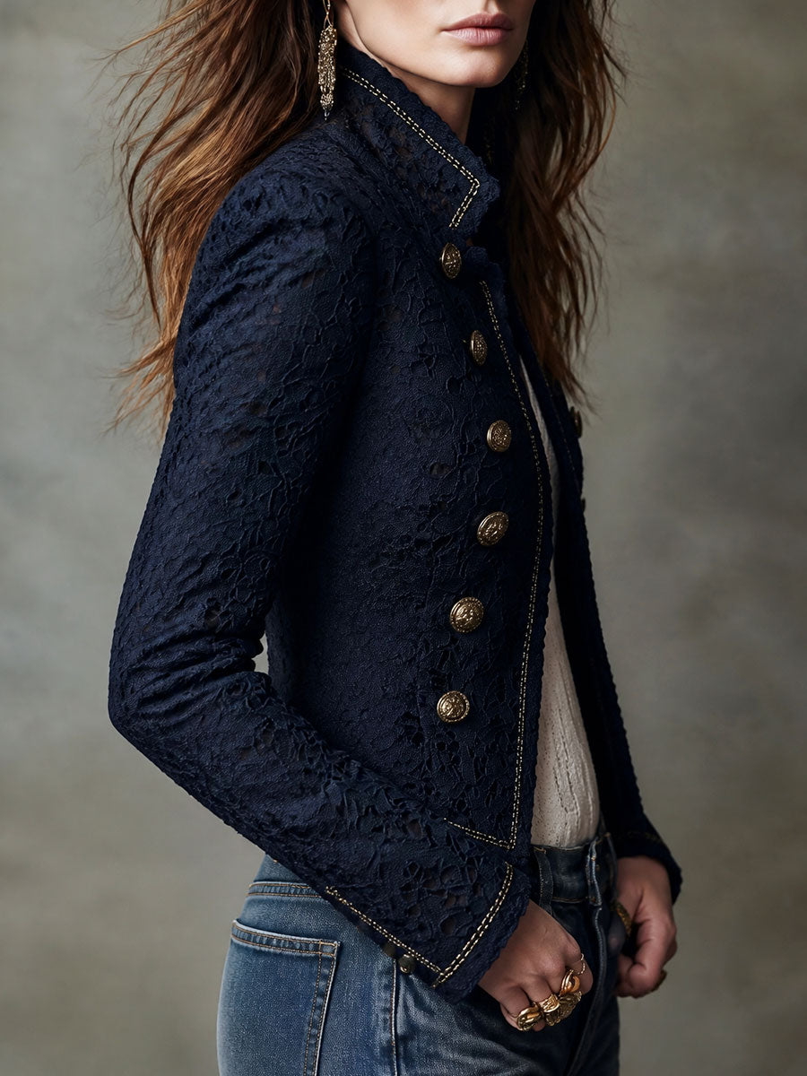 Women's Navy Lace Military Jacket with Gold Button Details