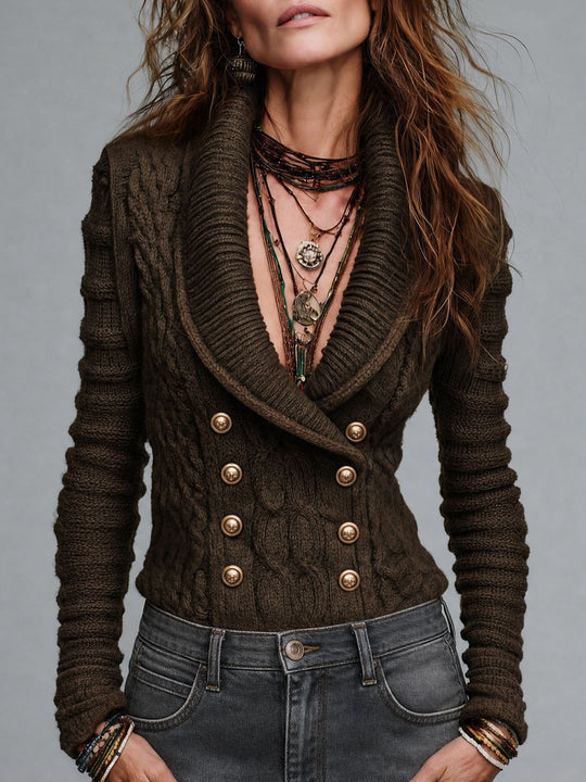 Boho Cable Knit Double-Breasted Shawl Collar Cardigan