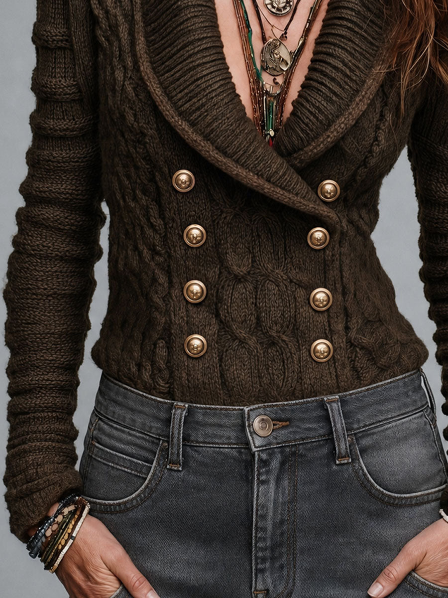 Boho Cable Knit Double-Breasted Shawl Collar Cardigan
