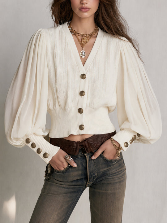 Ivory Ribbed Knit Chiffon Sleeve Cardigan