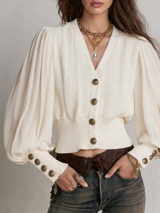 Ivory Ribbed Knit Chiffon Sleeve Cardigan