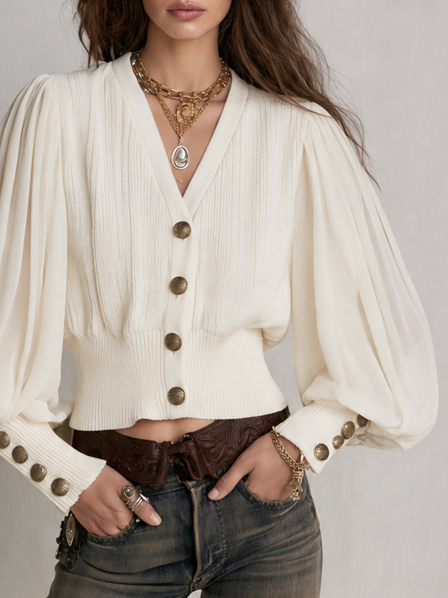 Ivory Ribbed Knit Chiffon Sleeve Cardigan