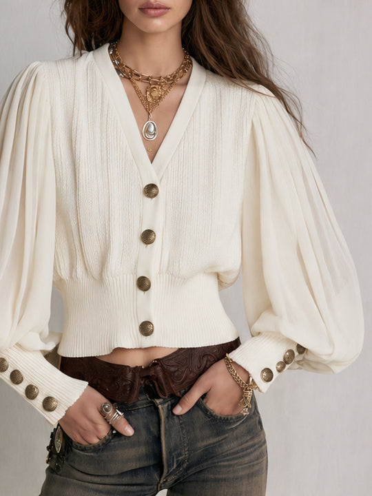 Ivory Ribbed Knit Chiffon Sleeve Cardigan