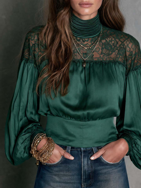Boho Chic Emerald Satin Sheer Lace Shoulder Long Sleeve Peplum Blouse
