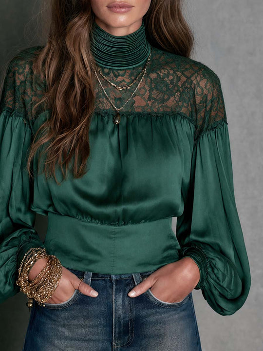 Boho Chic Emerald Satin Sheer Lace Shoulder Long Sleeve Peplum Blouse