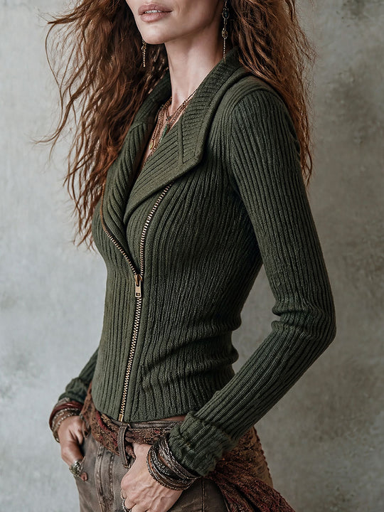 Boho Ribbed Knit Asymmetric Zip Moto Sweater