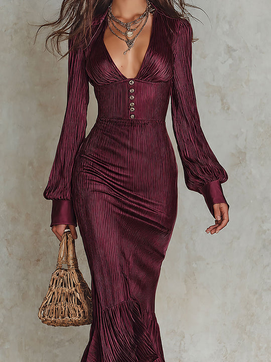 Boho Satin V-Neck Long Sleeve Fishtail Midi Dress