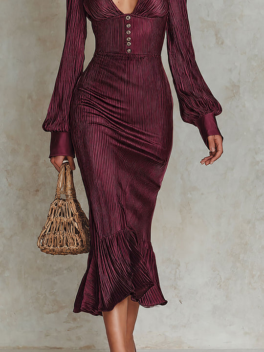 Boho Satin V-Neck Long Sleeve Fishtail Midi Dress