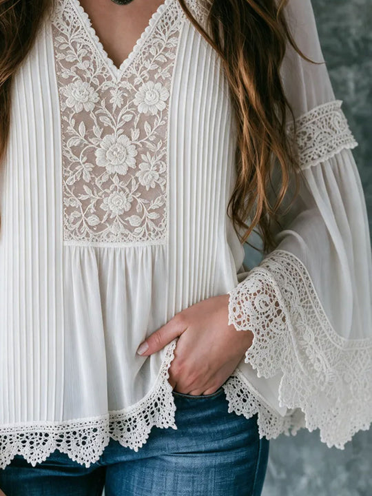 Boho Floral Lace V Neck Pleated Blouse With Bell Sleeve Pleated