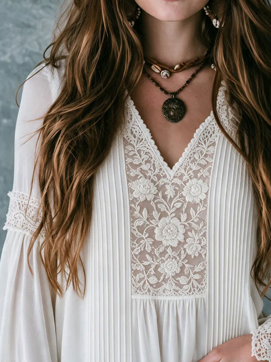 Boho Floral Lace V Neck Pleated Blouse With Bell Sleeve Pleated
