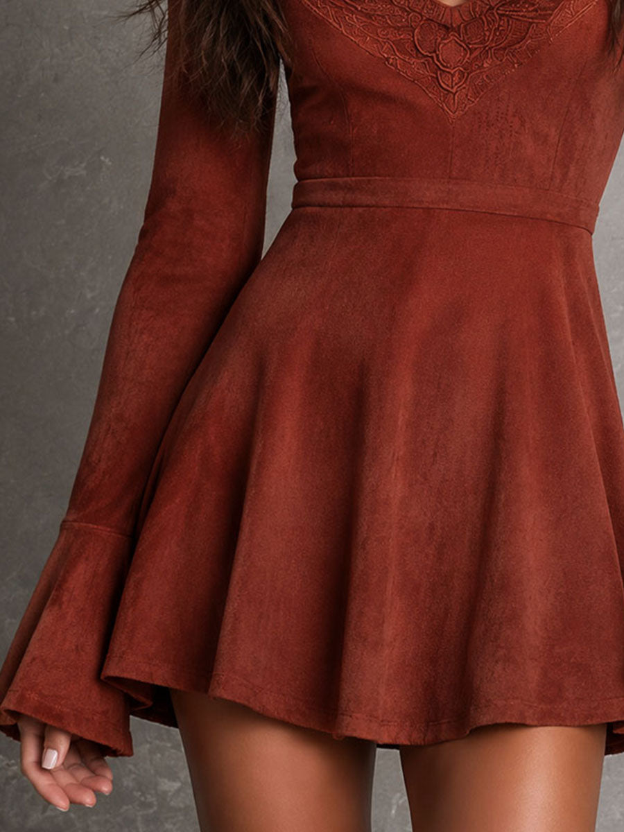 Boho Rust Microsuede Skater Mini Dress With Flare Long Sleeve