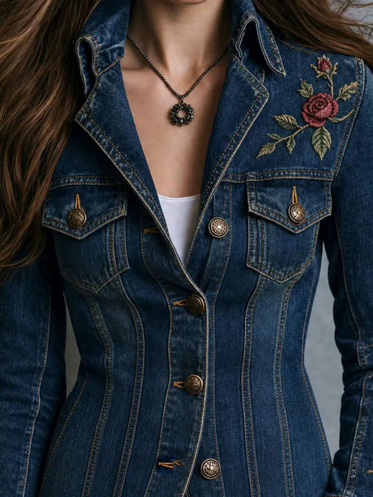 Western Rose Embroidered Dark Wash Denim Jacket