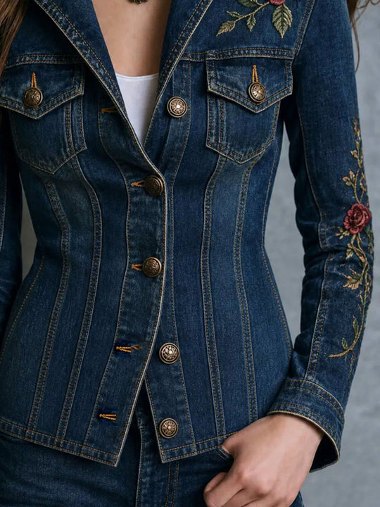 Western Rose Embroidered Dark Wash Denim Jacket