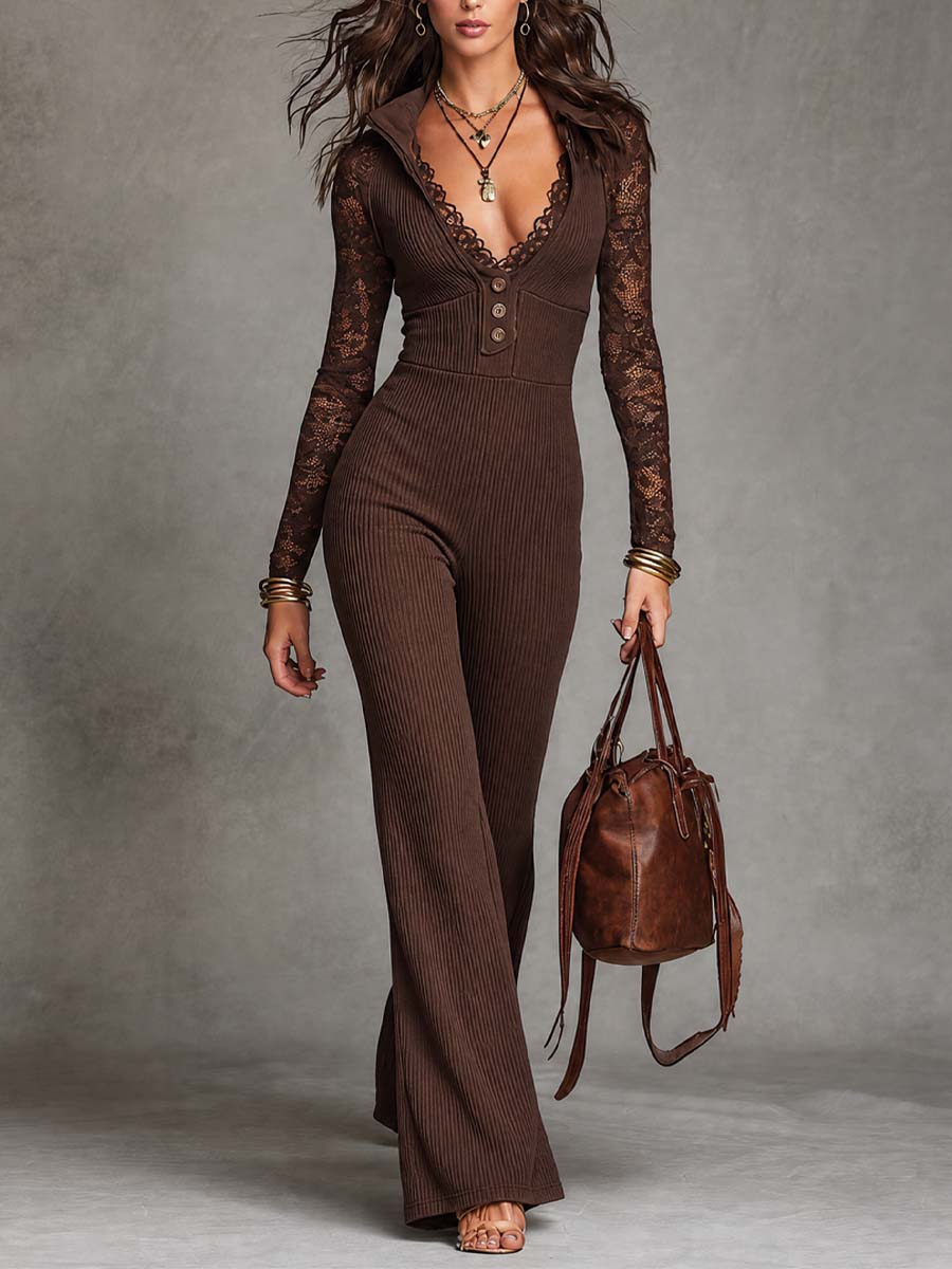 Elegant V-Neck Lace Sleeve Ribbed Knit Flare Jumpsuit