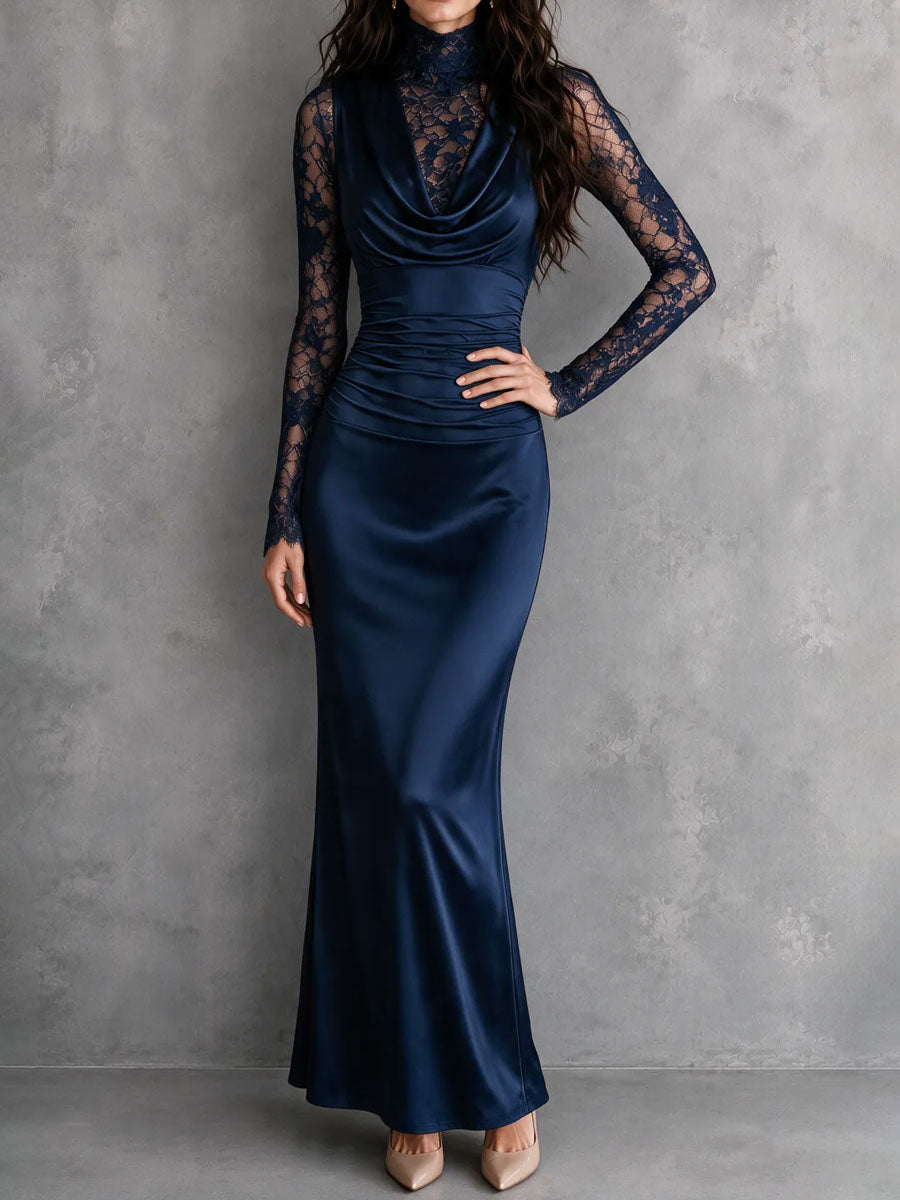 Elegant Navy Blue Lace Sleeve Cowl Neck Ruched Satin Mermaid Dress