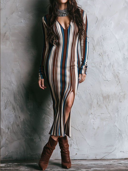 Western Bohemian Vertical Stripe Knit Midi Dress With Side Slit
