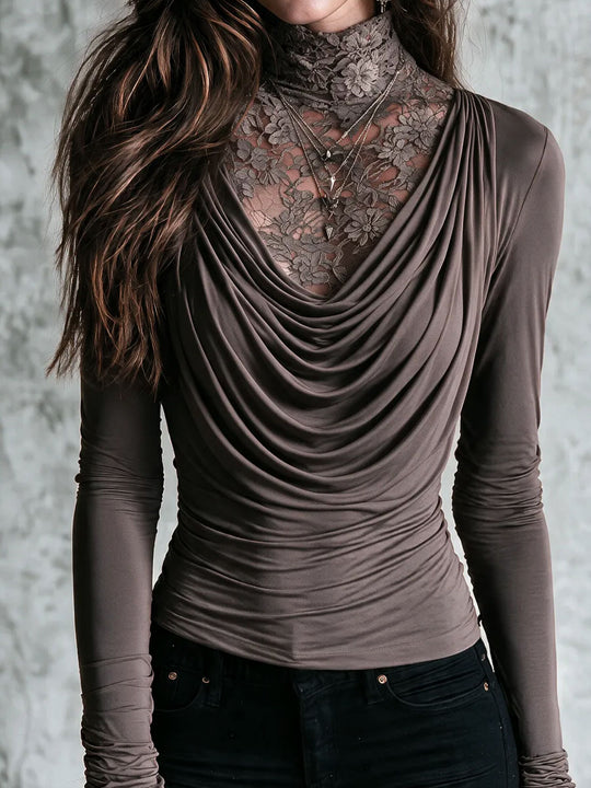 Boho Taupe Lace Mock Neck Draped Cowl Long Sleeve Two-in-One Top