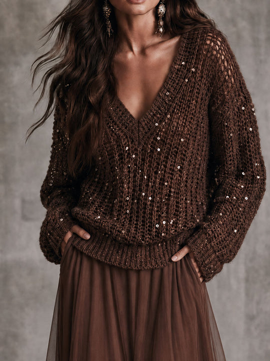 Elegant V Neck Chocolate Sequin Open Knit Loose Sweater
