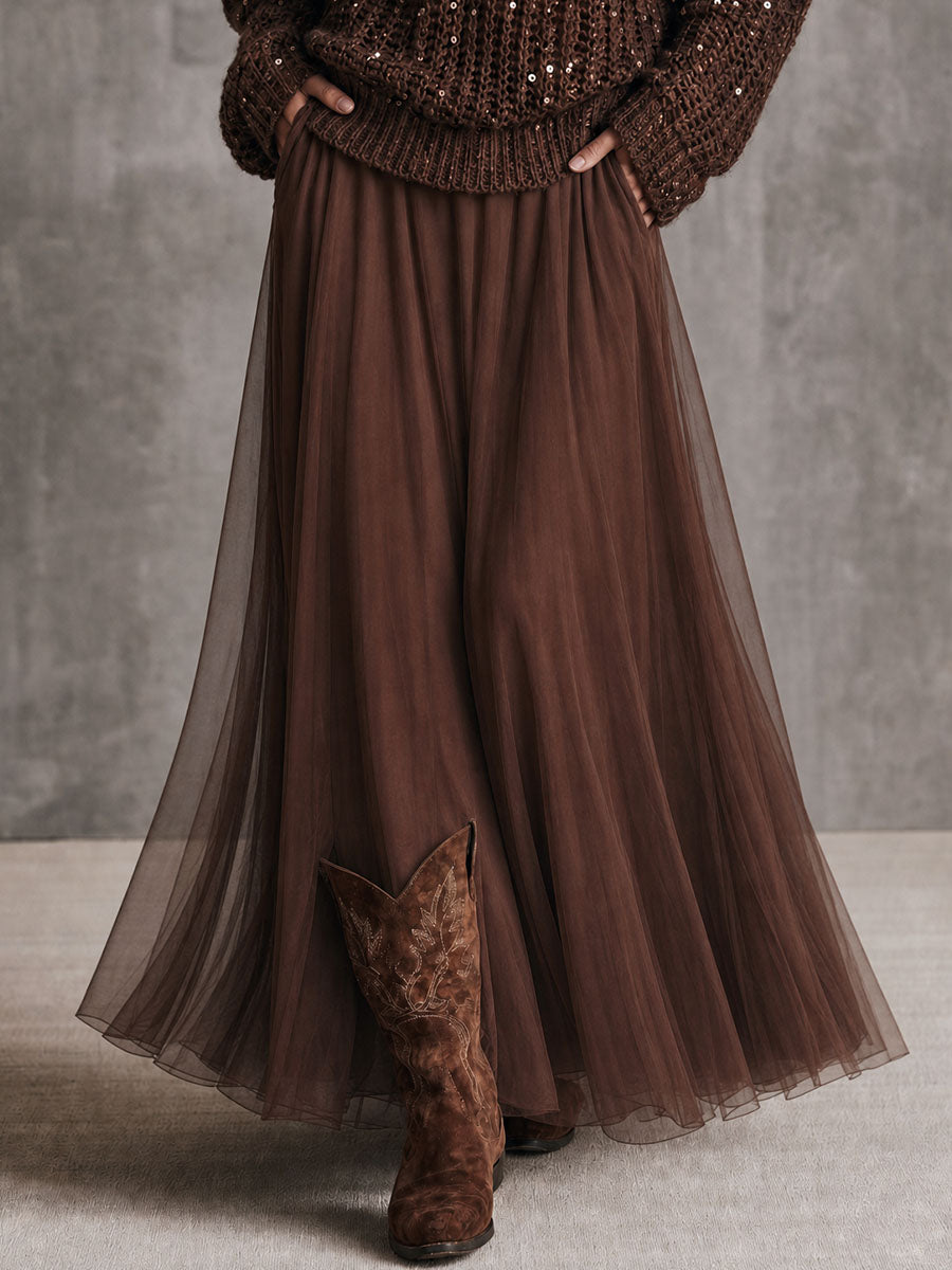 Boho Elegant Chocolate Brown High Waist Tulle Maxi Skirt