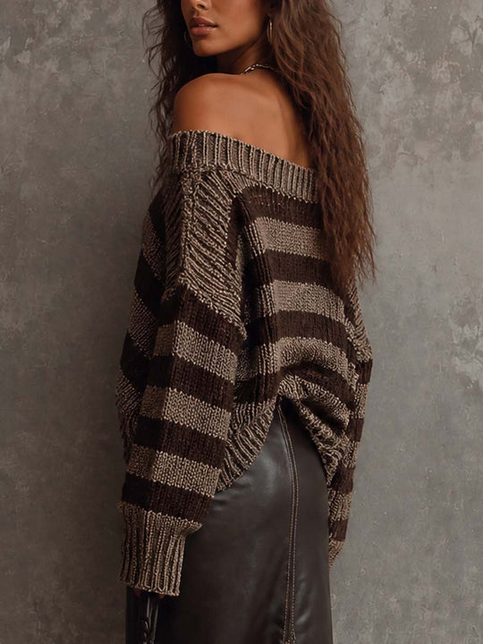 Retro color-blocking Off-Shoulder Striped Chunky Knit Sweater