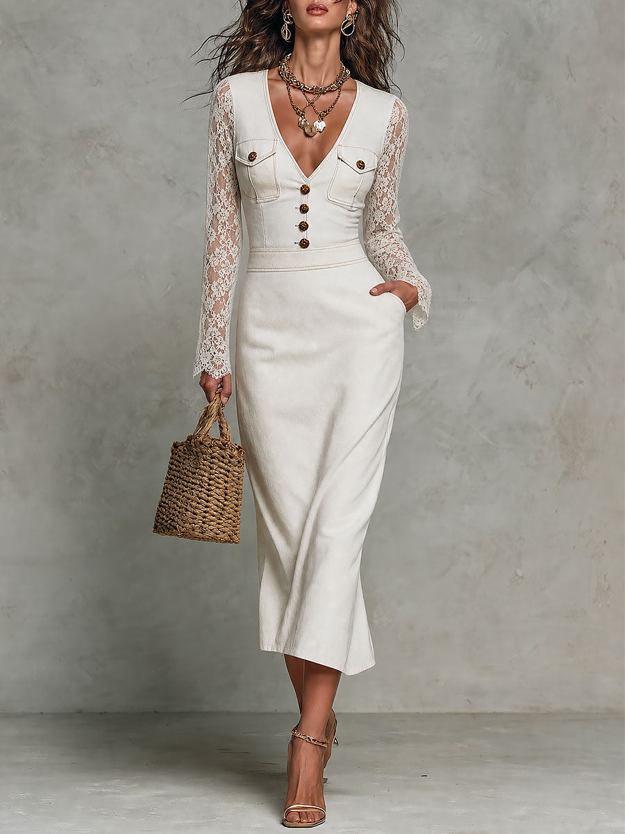 Boho Lace Sleeve V-Neck Button Front Denim Midi Dress
