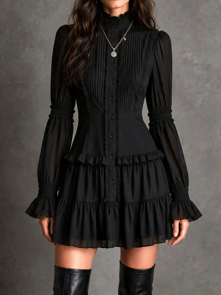 Gothic Frill Button Shirt Mini Dress With Flared Cuff