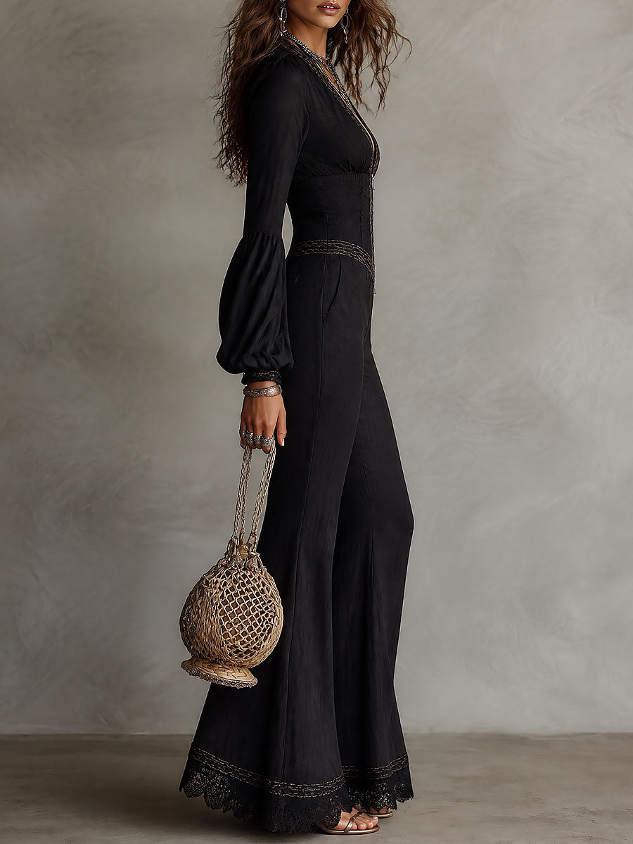 Boho Deep V-Neck Zip-Up Bell Sleeve Flared Jumpsuit