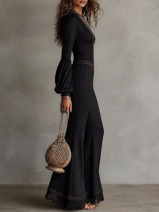 Boho Deep V-Neck Zip-Up Bell Sleeve Flared Jumpsuit