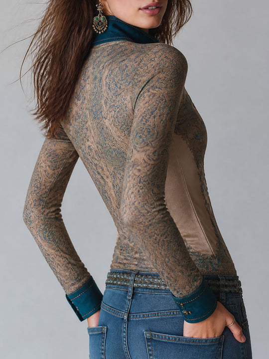 Retro Paisley Print Zip-Up Long Sleeve Fitted Blouse