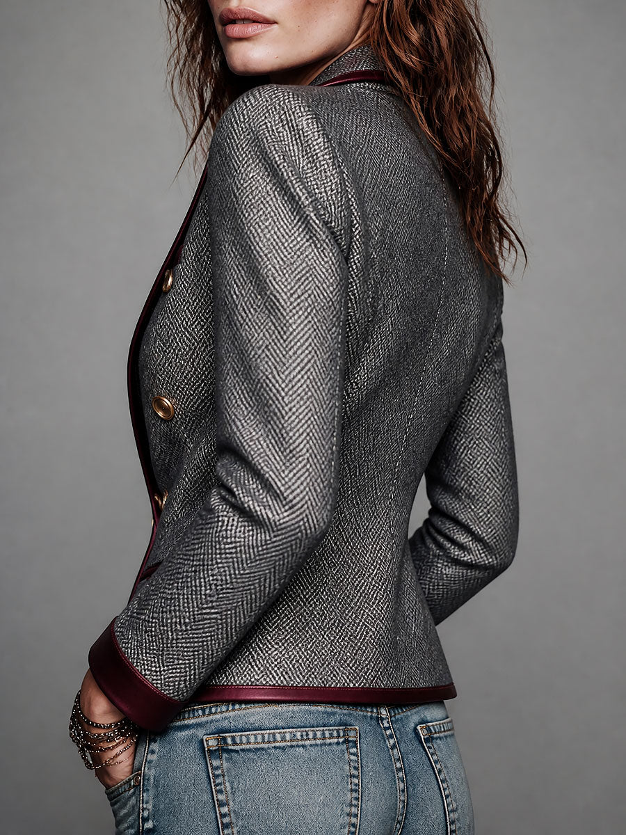 Herringbone Tweed Double-Breasted Blazer With Satin Trim