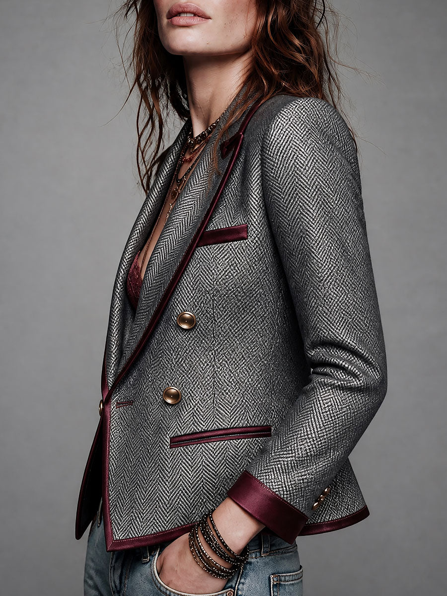 Herringbone Tweed Double-Breasted Blazer With Satin Trim