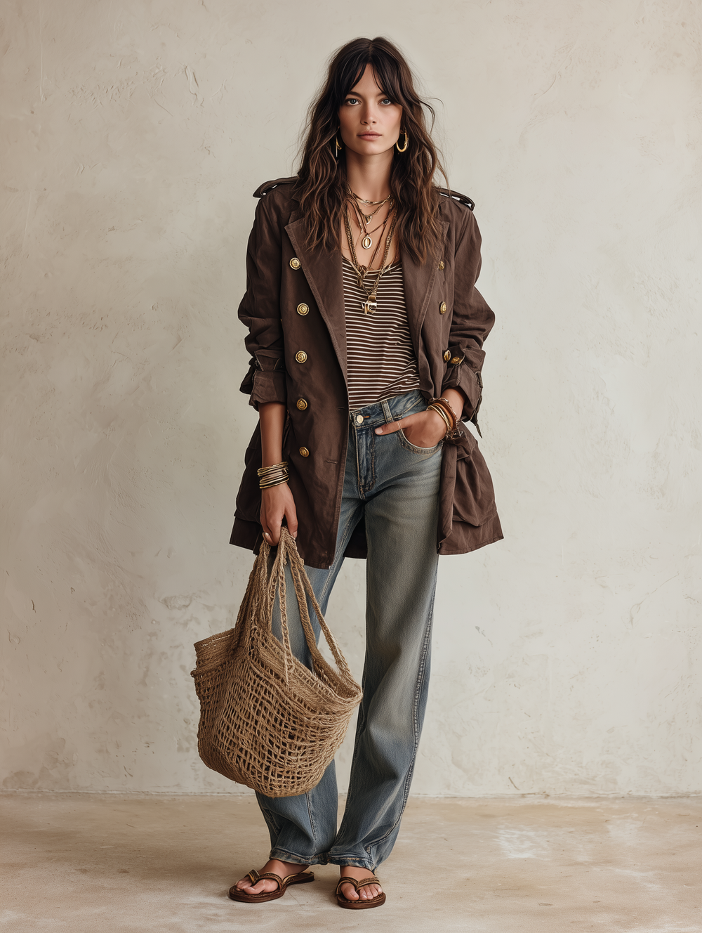 Utility Chic Cotton-Twill Double-Breasted Belted Chocolate Brown Trench Coat