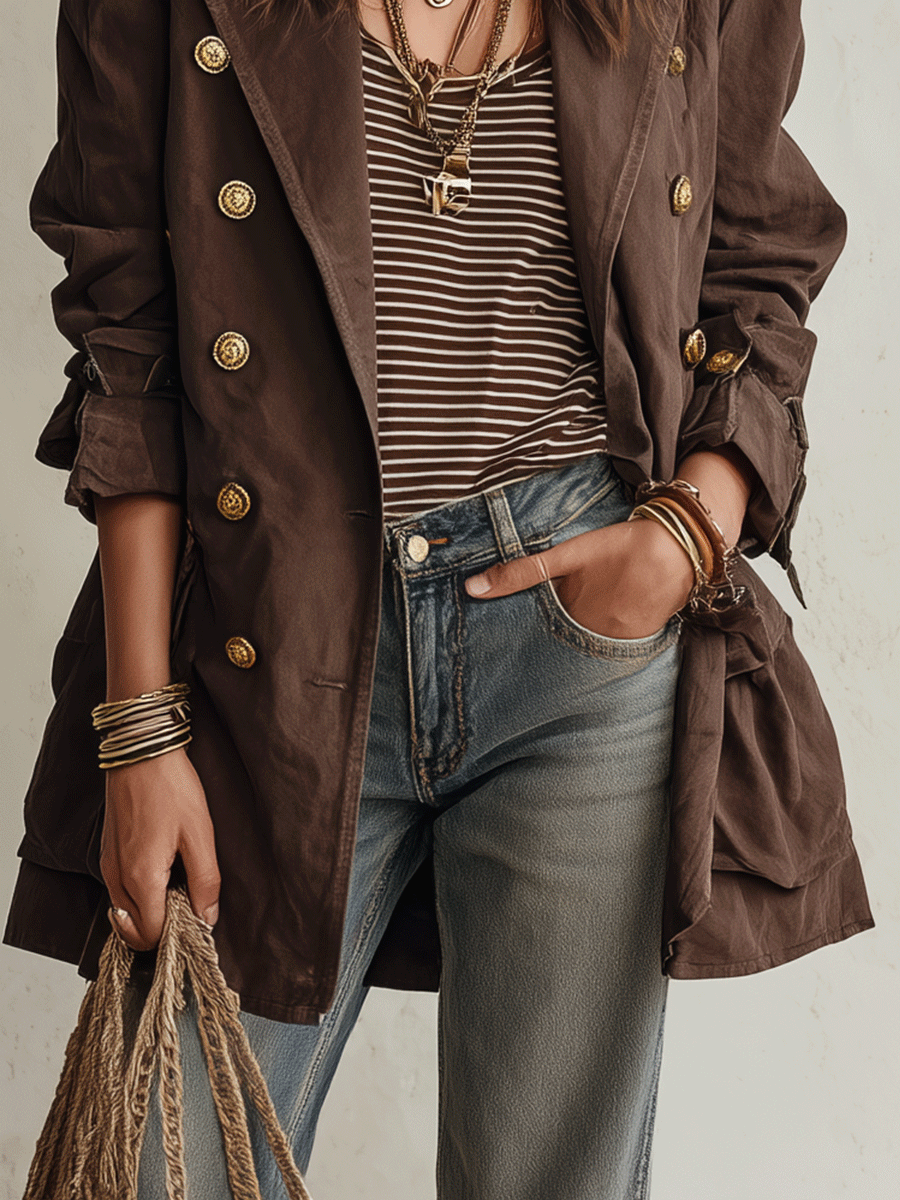 Utility Chic Cotton-Twill Double-Breasted Belted Chocolate Brown Trench Coat