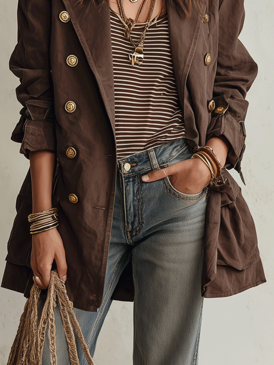 Utility Chic Cotton-Twill Double-Breasted Belted Chocolate Brown Trench Coat