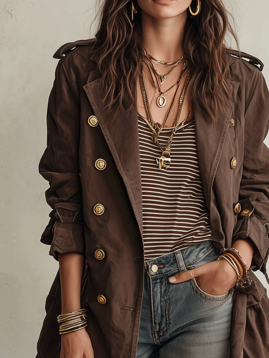 Utility Chic Cotton-Twill Double-Breasted Belted Chocolate Brown Trench Coat