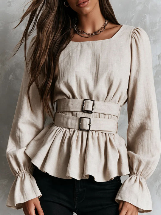 Oatmeal Linen Texture Square Neck Double Waist Belt Blouse