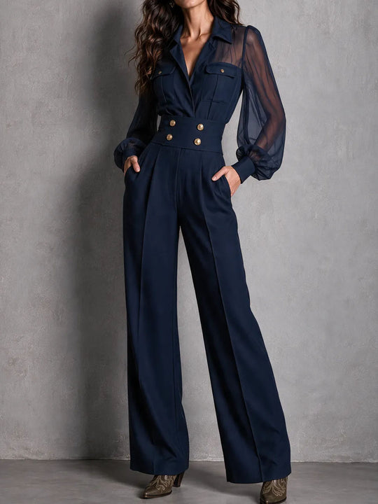 Elegant Navy Sheer Long Sleeve High Waist Jumpsuit With Wide Leg