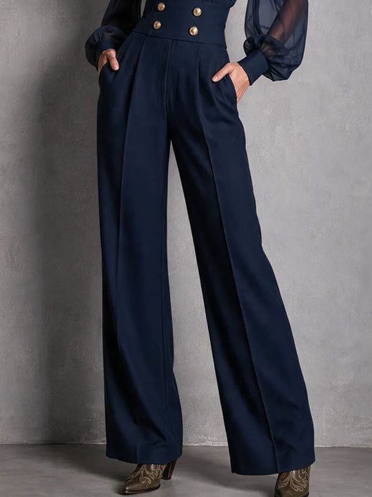 Elegant Navy Sheer Long Sleeve High Waist Jumpsuit With Wide Leg