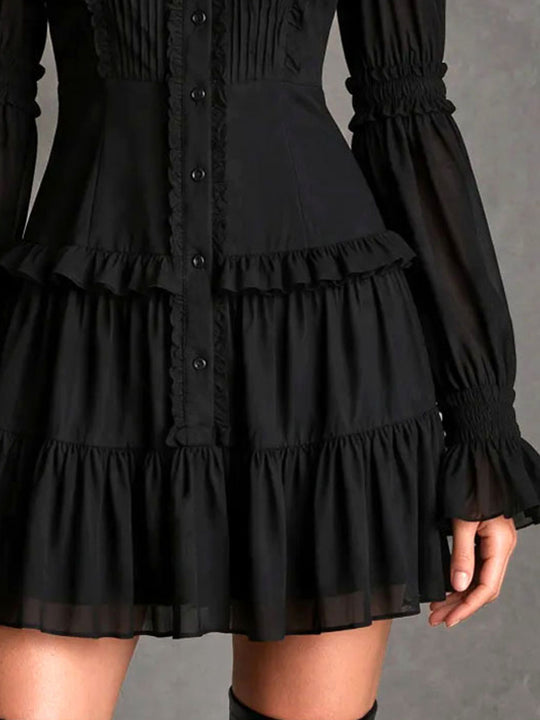 Gothic Frill Button Shirt Mini Dress With Flared Cuff