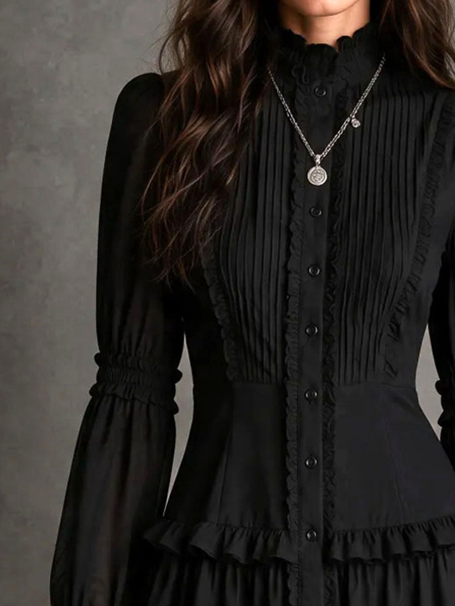 Gothic Frill Button Shirt Mini Dress With Flared Cuff
