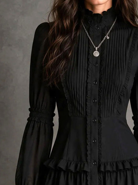 Gothic Frill Button Shirt Mini Dress With Flared Cuff